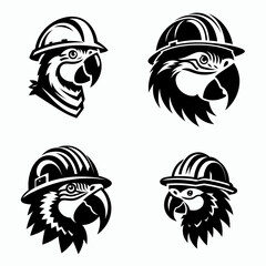 A Parrot wear contruction engineer helmet. Silhouette Clipart Line Art Vector Illustration. Avian with builder hard hat funny image for project profession protection.