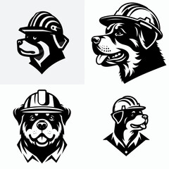 A Rottweiler Dog wear contruction engineer helmet. Silhouette Clipart Line Art Vector Illustration. Canine in hard hat with protective gear builder occupation theme.