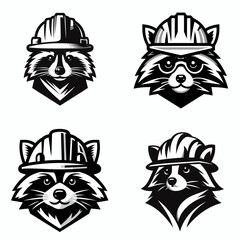 A Raccoon wear contruction engineer helmet. Silhouette Clipart Line Art Vector Illustration. Masked mammal donning builder hardhat job site safety headgear for wildlife.