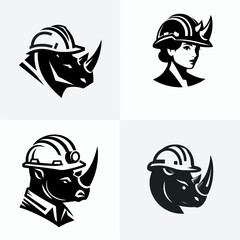 A Rhino wear contruction engineer helmet. Silhouette Clipart Line Art Vector Illustration. Large creature with safety headgear builders hard hat for job site worker.