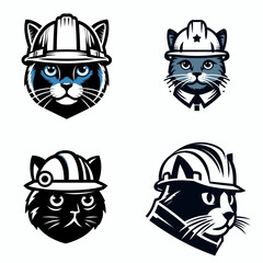 A Russian Blue Cat wear contruction engineer helmet. Silhouette Clipart Line Art Vector Illustration. Gray feline in hard hat building project overseer theme.