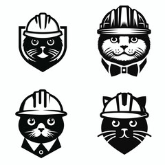 A Scottish Fold Cat wear contruction engineer helmet. Silhouette Clipart Line Art Vector Illustration. lop-eared kitty dons builder headgear feline in protective hard hat.