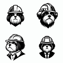 A Shih Tzu Dog wear contruction engineer helmet. Silhouette Clipart Line Art Vector Illustration. Small canine in hard hat builder costume job theme.