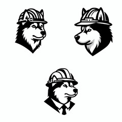 A Siberian Husky Dog wear contruction engineer helmet. Silhouette Clipart Line Art Vector Illustration. Arctic canine in hard hat safety headgear for working at building project.