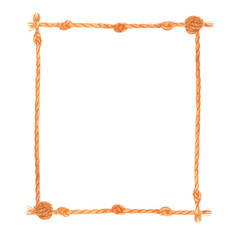Hand-painted watercolor square frame made of twisted rope with sailor knots isolated on white. Nautical clipart border perfect for marine-themed designs, invitations, greeting cards and scrapbooking.