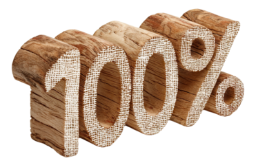 Wooden 100 percent symbol, isolated on transparent cutout background