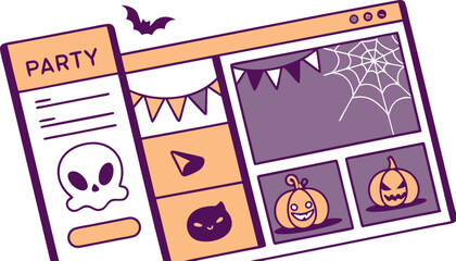 Digital halloween party invitation webpage design with spooky elements like a skull pumpkins bat spiderweb and festive bunting flags