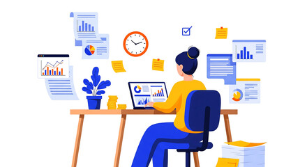 Businesswoman analyzing data on laptop. Financial report and statistics concept vector illustration