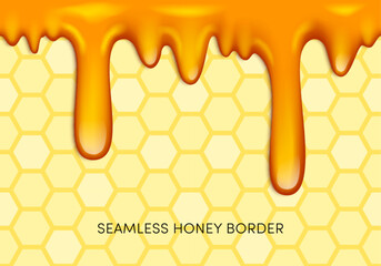 Vector Honey Drips Seamless Border. Dripping caramel, oil, paint, syrup, gold fluid honey on honeycomb yellow background. Liquid flowing sweet stains, abstract splatter design element.
