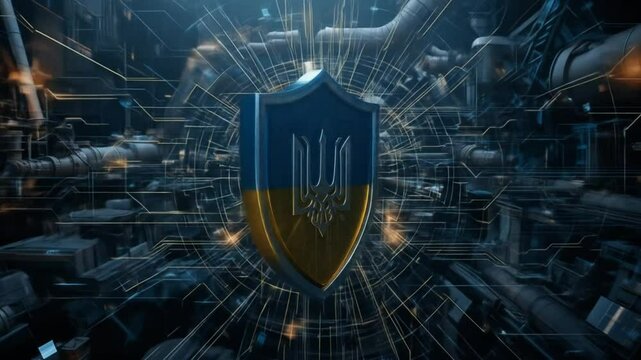 The shields surrounding industrial facilities symbolize the protection of critical infrastructure. 4k video