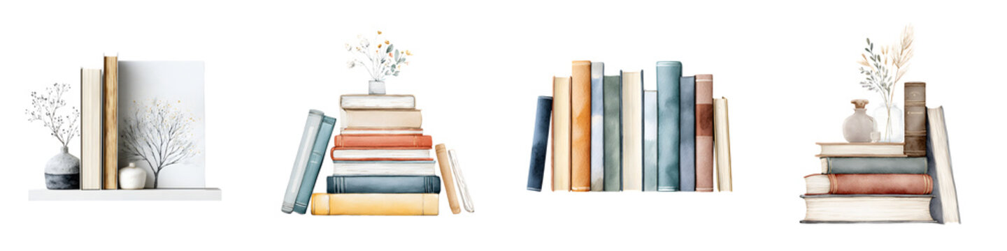 Watercolor Book Stacks and Vase Set on White Background