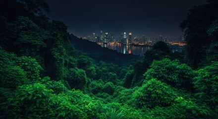 Naklejka premium Lush Tropical Rainforest Overlooks a Cityscape at Night