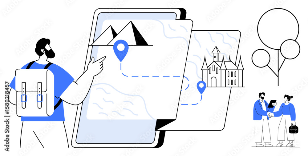 Aufkleber man with backpack pointing at digital map with marked locations, landmarks, and route. group interac