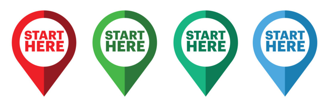 Start Here Map Pin Vector Icon Set. Colorful location pointers, GPS markers, and navigation symbols.