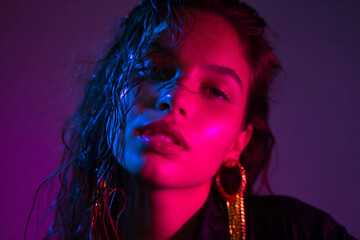 Generative AI image of person relaxing in water under neon lights during night pool party vacation with friends chilling and enjoying summer vibes