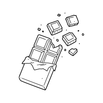 Simple cute hand-drawn vector icon line drawing of a broken chocolate bar with scattered square and irregular pieces and crumbs in minimalist black outline style on white background
