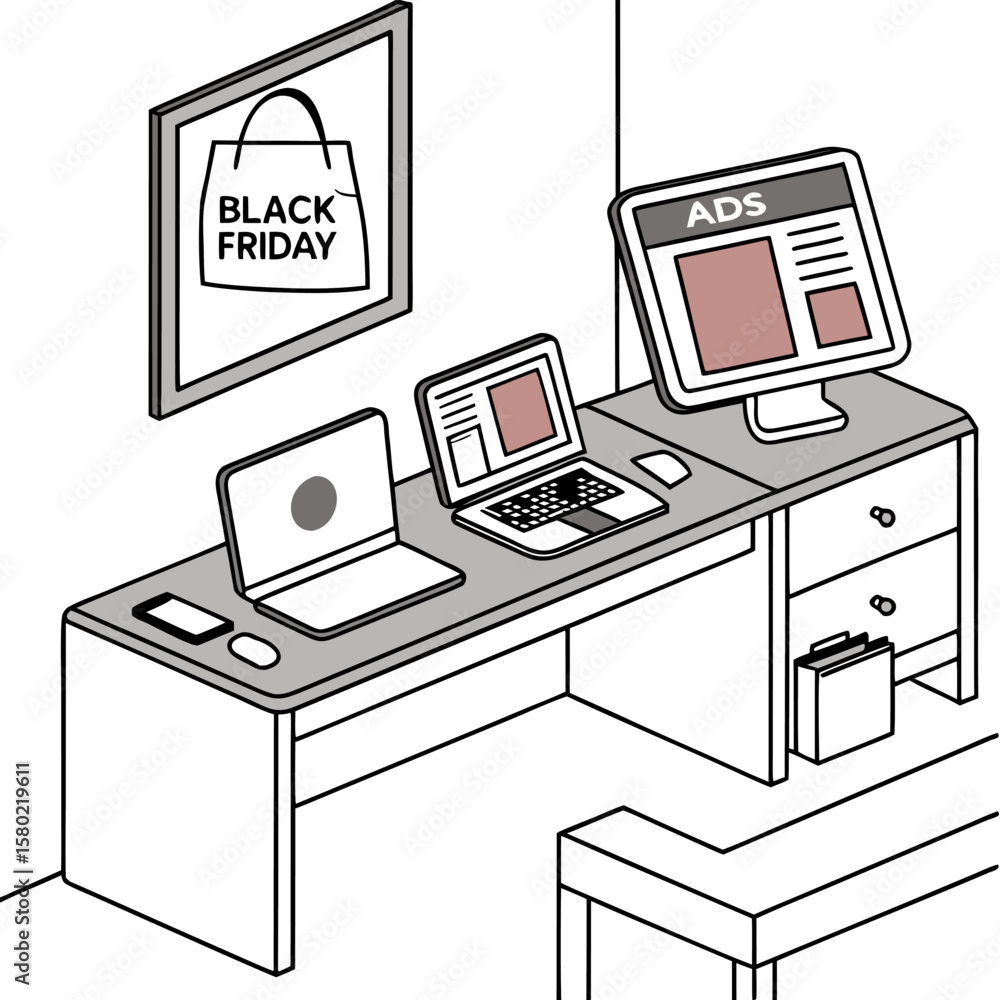 Poster isometric illustration of a modern desk setup featuring multiple laptops a desktop computer displayi