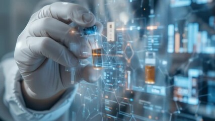 A gloved hand holds a bottle on a digital interface, symbolizing precision medicine and advanced diagnostics. 4k video - Powered by Adobe