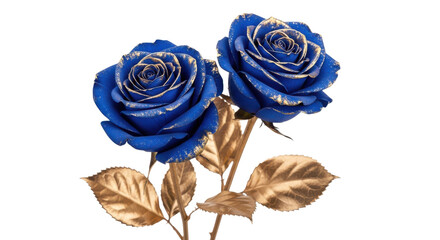 Two luxurious blue roses with gold accents and golden leaves isolated on transparent background