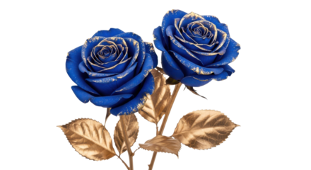 Two luxurious blue roses with gold accents and golden leaves isolated on transparent background