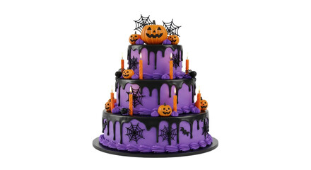 Three tier purple halloween cake with pumpkins spiders and candles isolated on transparent background