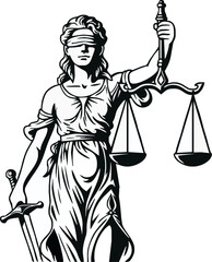 Blindfolded Lady Justice holding scales and a sword, symbolizing fairness and the legal system.