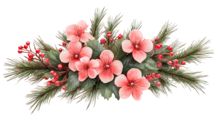 Christmas wreath with vibrant cherry blossoms isolated on a transparent background. PNG
