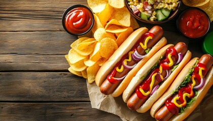 Delicious hot dogs with toppings and chips.