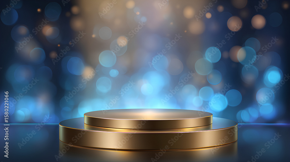 Poster golden glowing product display stand with blue neon light effect and bokeh on dark stage backdrop, e