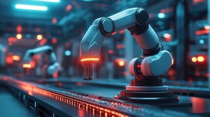 Smart factory with autonomous glowing AI-controlled robotic system