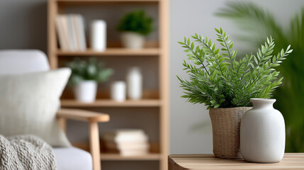 Fototapeta premium Peaceful Lifestyle Setting with Blurred Books and Plants on a Stylish Wooden Shelf, Sunlight Streaming In, home interior, blurred background, modern bookshelf, natural light, cozy living space, indoor