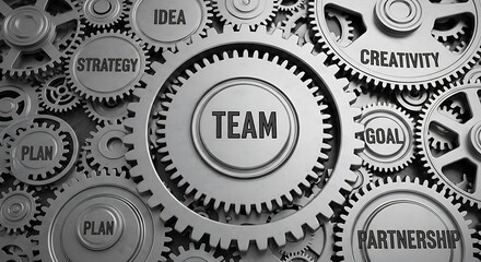 Interlocking gears with business concepts like team, strategy, and creativity, illustrating teamwork and collaboration.