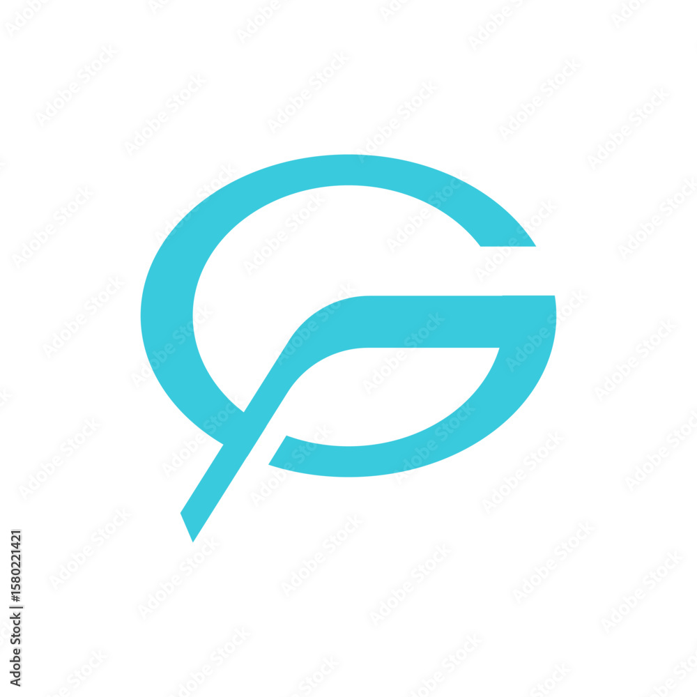 Poster a minimalist logo in a bright cyan color, forming a circular shape with a flowing, tail-like extensi
