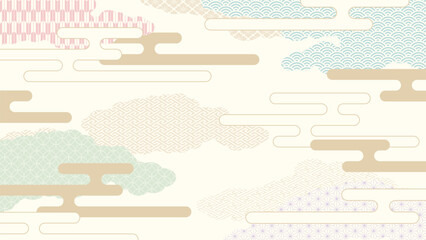 16:9の背景素材：日本の伝統的な柄を集めた霞がかかった雲の形の風景