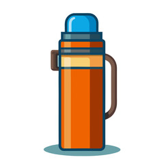 Obraz premium A colorful thermal flask or vacuum bottle with orange body, blue cap, and brown handle, designed to keep beverages hot or cold.