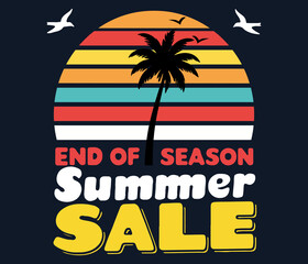 End of Season Summer Sale Graphic Vector Sunset Design with Palm Tree, Birds, and Bold Retro Typography