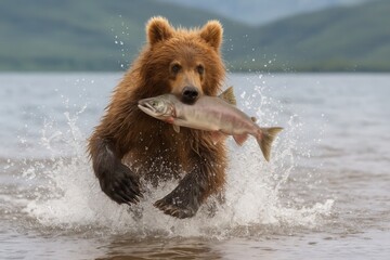Fototapeta premium A Grizzly Bear Triumphantly Catches a Salmon in the Wild