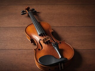 Fototapeta premium A solitary violin stands majestically against a rich wooden backdrop