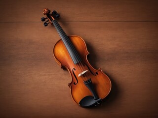 Fototapeta premium A solitary violin stands majestically against a rich wooden backdrop