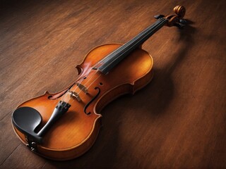 Fototapeta premium A solitary violin stands majestically against a rich wooden backdrop