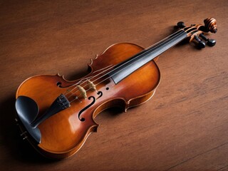 Fototapeta premium A solitary violin stands majestically against a rich wooden backdrop