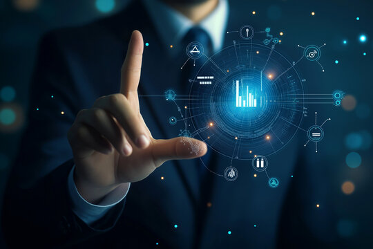 Businessman touching icon and conducting a comprehensive business assessment, evaluating key performance metrics and strategic opportunities