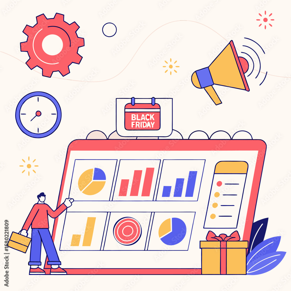 Poster illustrative depiction of a person analyzing black friday sales data on a digital tablet with charts