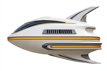 Retro Futuristic Spaceship with White Body Gold Accents and Smooth Design Isolated