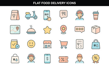 Flat Food Delivery Service Icons in Pastel Colors for Apps and UI Kits