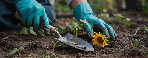 Naklejka premium Hands Planting Sunflower in Garden