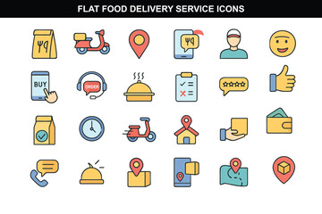 Flat Food Delivery Icons with Pastel Colors for Apps and UI Design