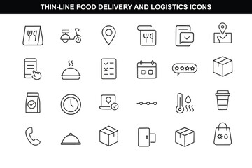 Thin-Line Food Delivery and Logistics Icons for Modern App Dashboards