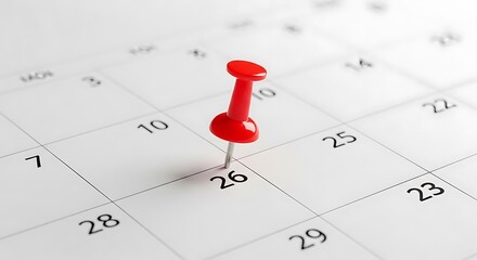 A red pushpin marks the date 26 on a white calendar page.