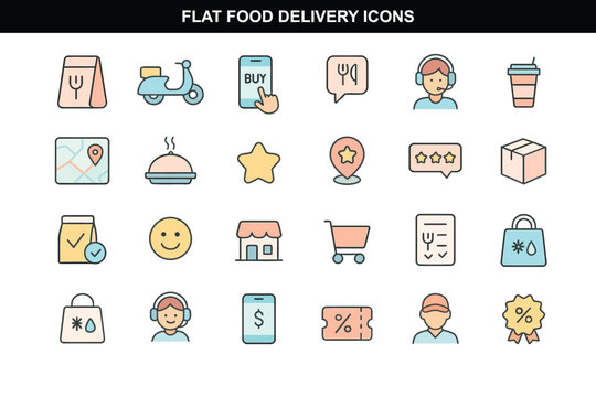 Flat Food Delivery Service Icons in Pastel Colors for Apps and UI Kits